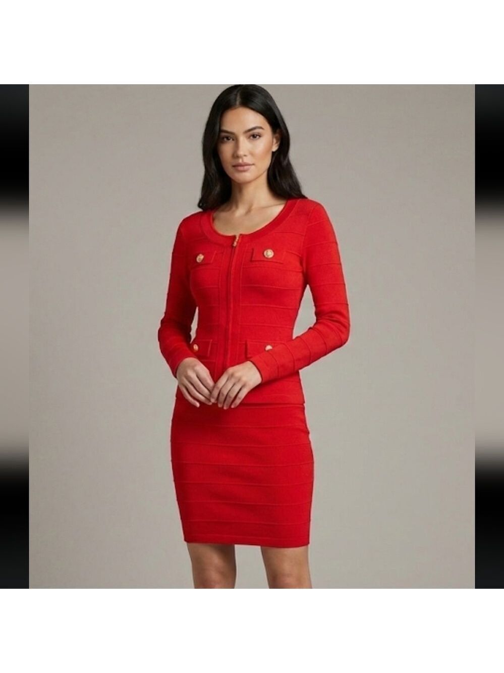 Vintage Red Long Sleeve Dress With Custom Diamond Buttons & Matching Red Skirt